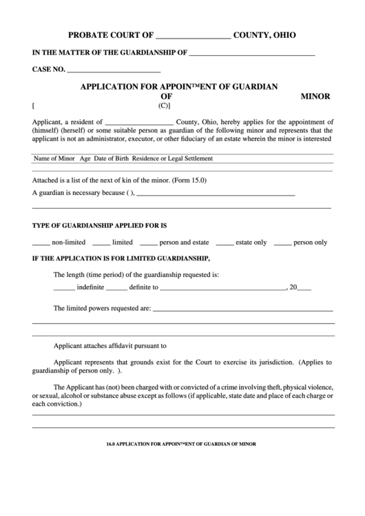 Fillable Application For Appointment Of Guardian Of Minor Printable pdf