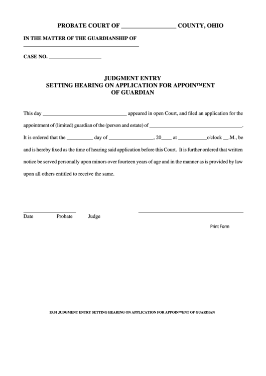 Fillable Judgment Entry Setting Hearing On Application For Appointment Of Guardian Printable pdf