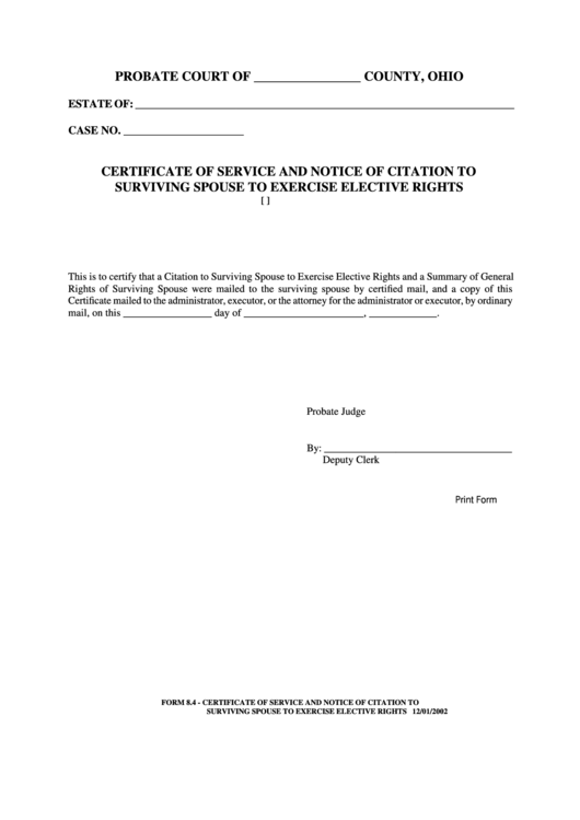 Fillable Certificate Of Service And Notice Of Citation To Surviving Spouse To Exercise Elective Rights Printable pdf