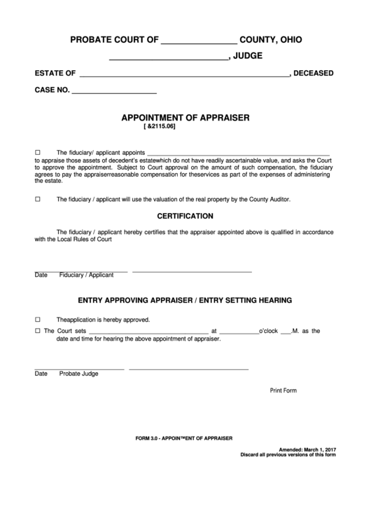 Fillable Appointment Of Appraiser Printable pdf