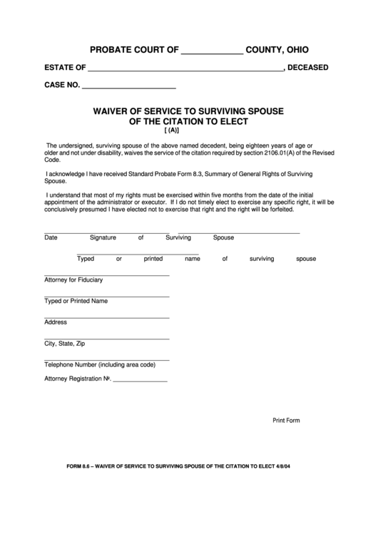 Fillable Waiver Of Service To Surviving Spouse Of The Citation To Elect Printable pdf