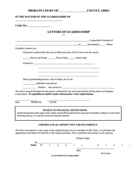 Fillable Form 15.4 - Letters Of Guardianship Printable pdf