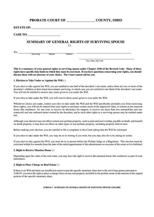Fillable Summary Of General Rights Of Surviving Spouse Printable pdf