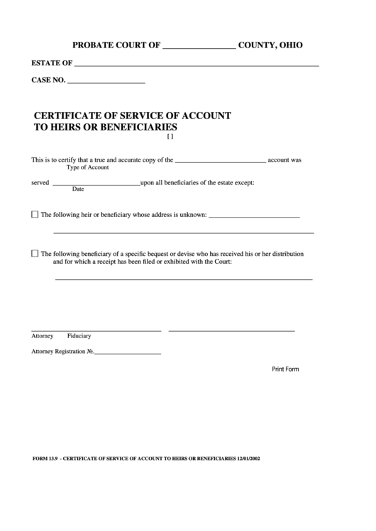 Fillable Certificate Of Service Of Account To Heirs Or Beneficiaries Printable pdf