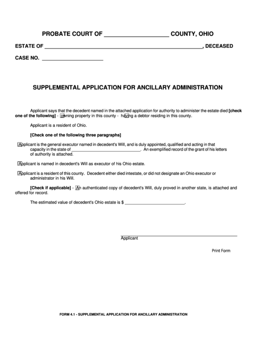Fillable Supplemental Application For Ancillary Administration Printable pdf