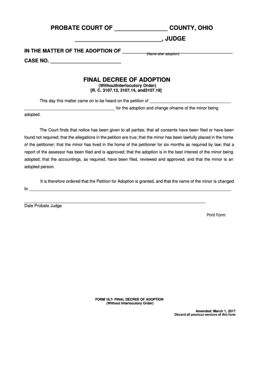 Fillable Form 18.7- Final Decree Of Adoption (Without Interlocutory Order) Printable pdf