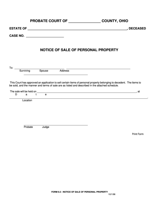 Fillable Notice Of Sale Of Personal Property Printable pdf