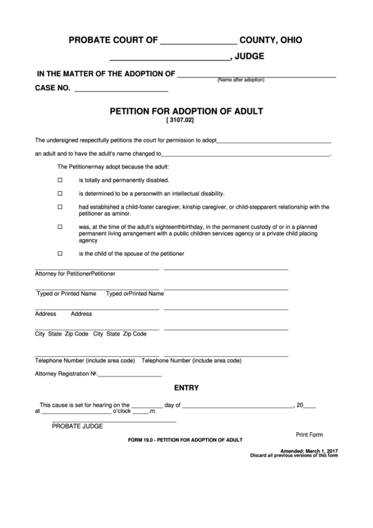 Fillable Petition For Adoption Of Adult Printable pdf
