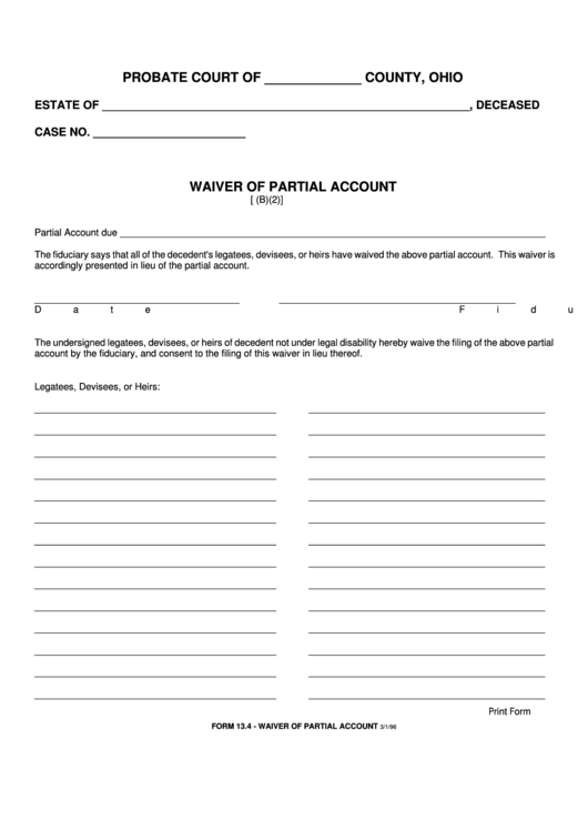 Fillable Waiver Of Partial Account Printable pdf