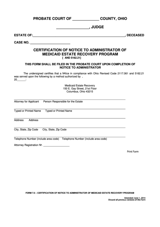 Fillable Certification Of Notice To Administrator Of Medicaid Estate Recovery Program Printable pdf