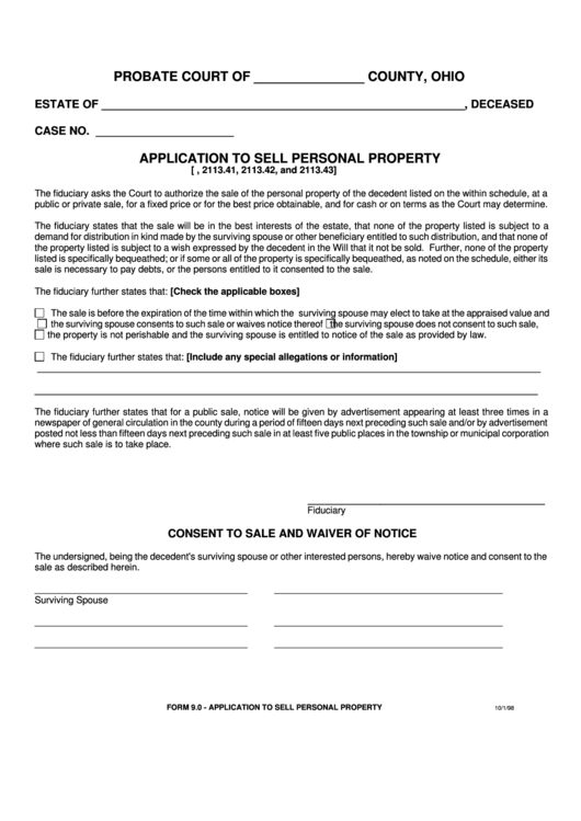 Fillable Form 9.0 - Application To Sell Personal Property Printable pdf