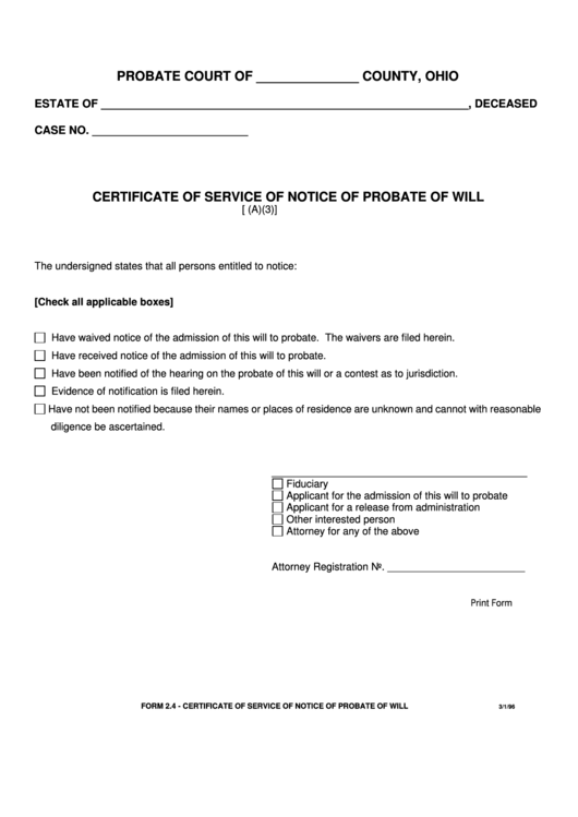 Fillable Certificate Of Service Of Notice Of Probate Of Will Printable pdf