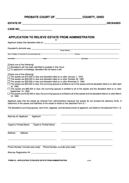 Fillable Application To Relieve Estate From Administration - Ohio Probate Court Printable pdf