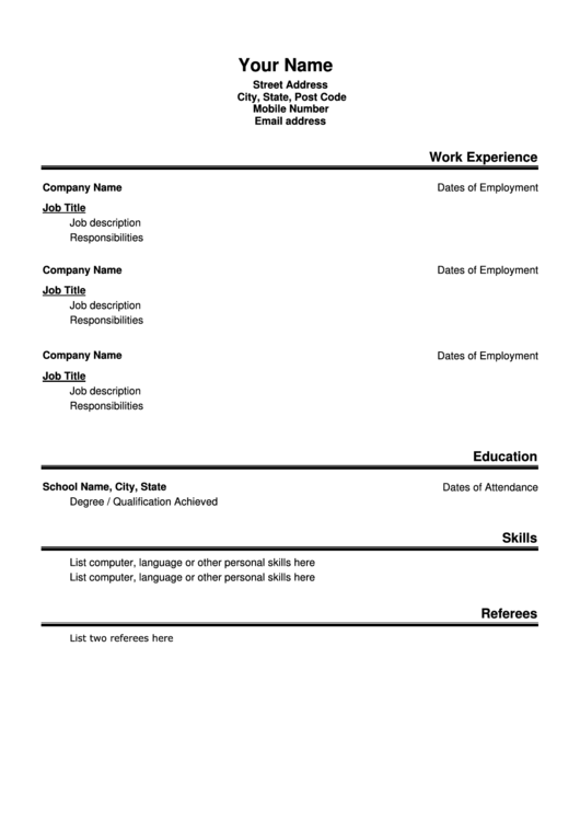 Basic Resume Template Printable pdf
