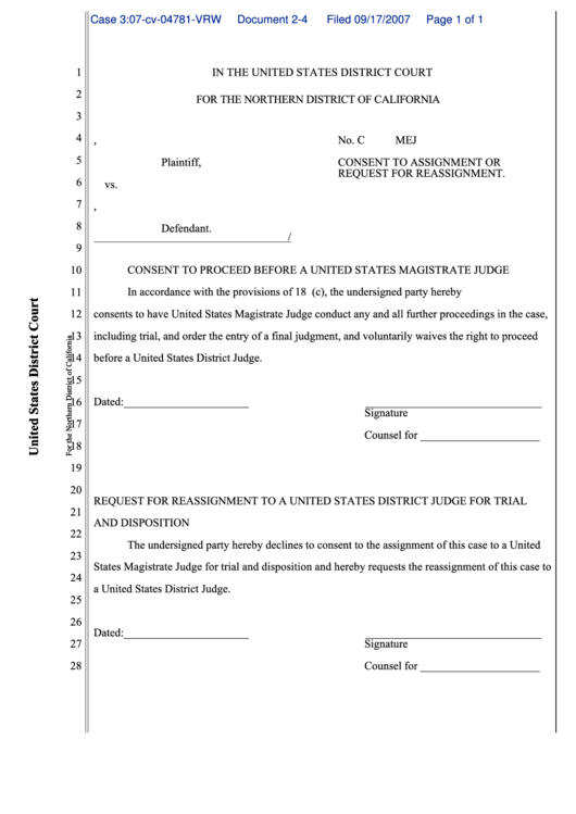 Consent To Assignment Or Request For Reassignment Printable pdf