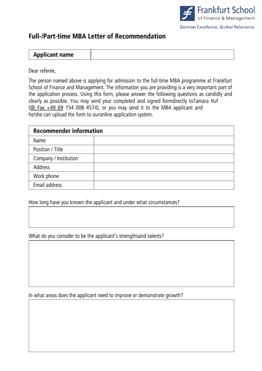 Fillable Full-/part-Time Mba Letter Of Recommendation Printable pdf
