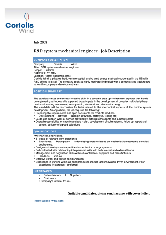 R And D System Mechanical Engineer - Job Description Printable pdf