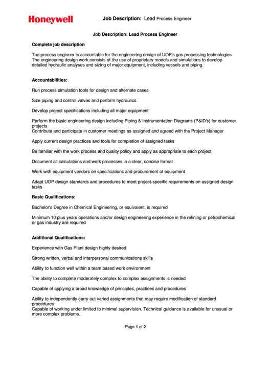 Job Description: Lead Process Engineer Page 1 Of 2 Job Description: Lead Process Engineer Printable pdf