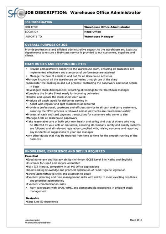 Job Description: Warehouse Office Administrator Printable pdf