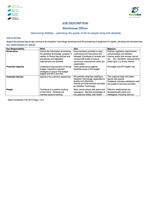 Warehouse Officer Job Description Printable pdf