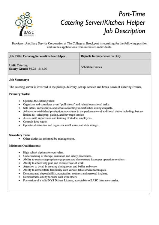 Part-Time Catering Server/kitchen Helper Job Description Printable pdf