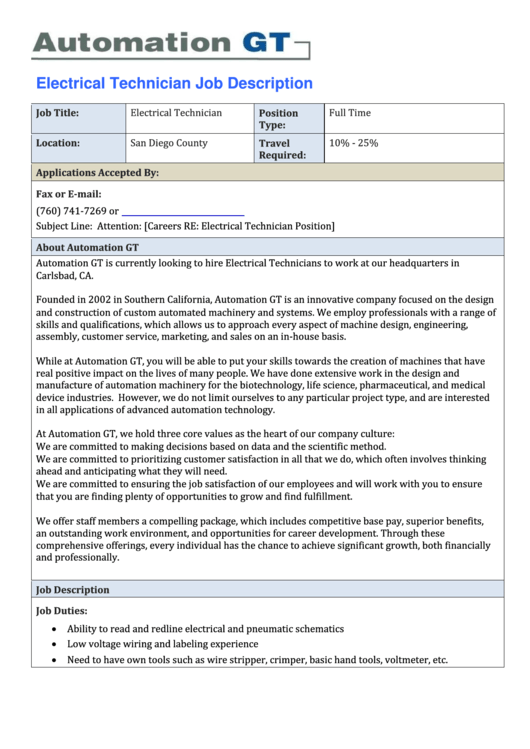 Electrical Technician Job Description Printable pdf