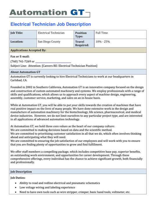 Electrical Technician Job Description Printable Pdf Download