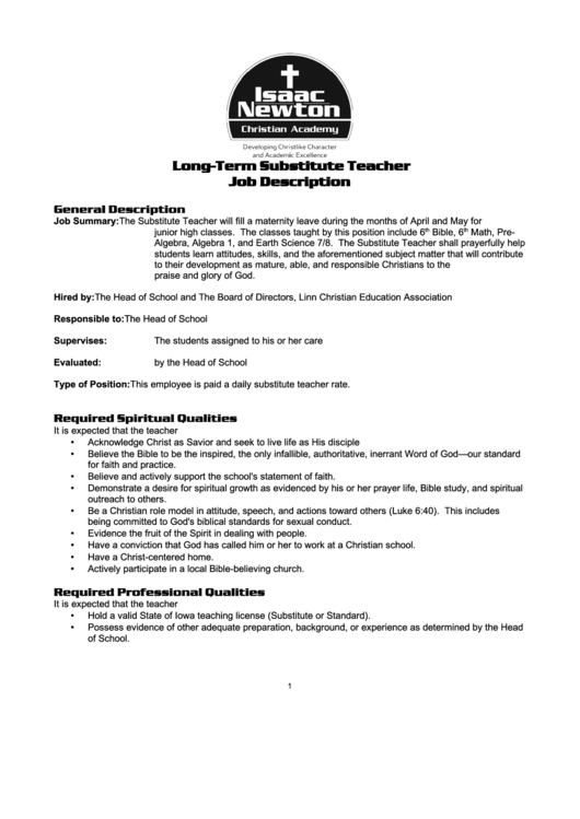 Long-Term Substitute Teacher Job Description Printable pdf