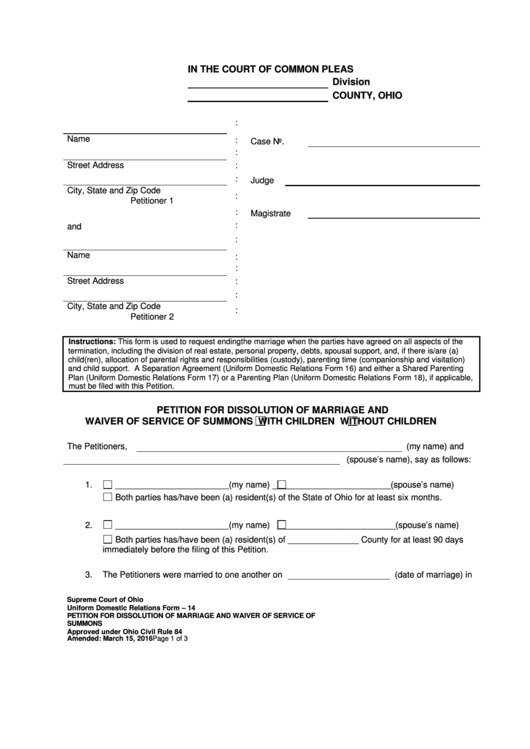 Fillable Petition For Dissolution Of Marriage And Waiver Of Service Of Summons / With Children / Without Children Printable pdf