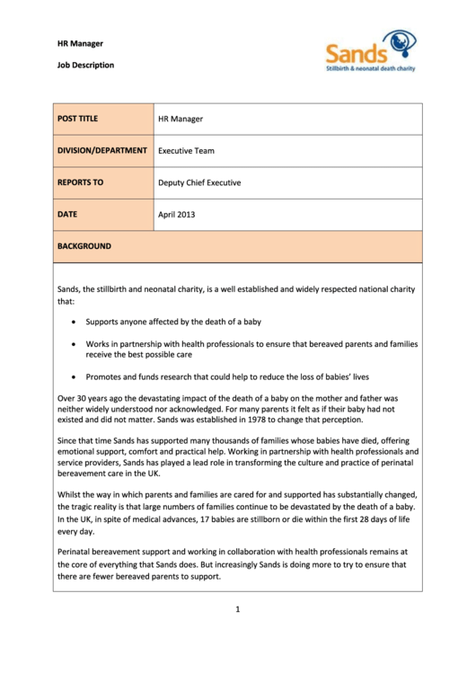 Hr Manager Job Description Printable pdf
