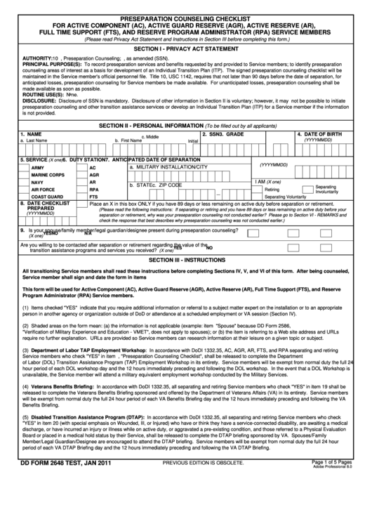 Fillable Dd Form 2648 - Preseparation Counseling Checklist For Active Component (Ac), Active Guard Reserve (Agr), Active Reserve (Ar), Full Time Support (Fts), And Reserve Program Administrator (Rpa) Service Members Printable pdf