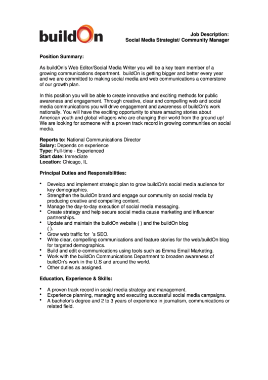 Job Description: Social Media Strategist/ Community Manager Printable pdf