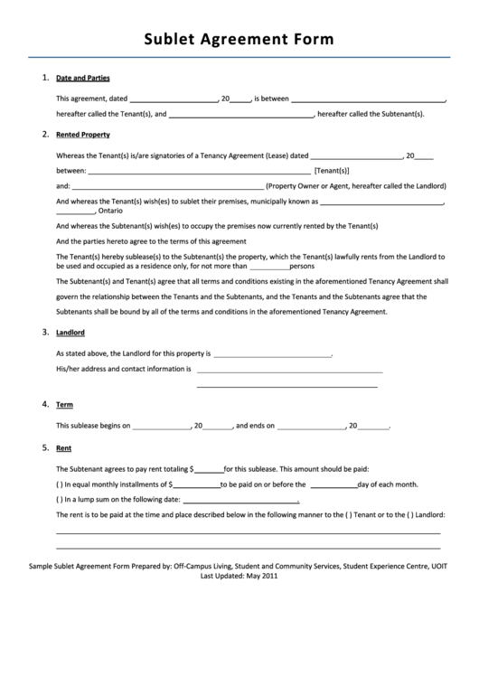 Sublet Agreement Form Printable pdf