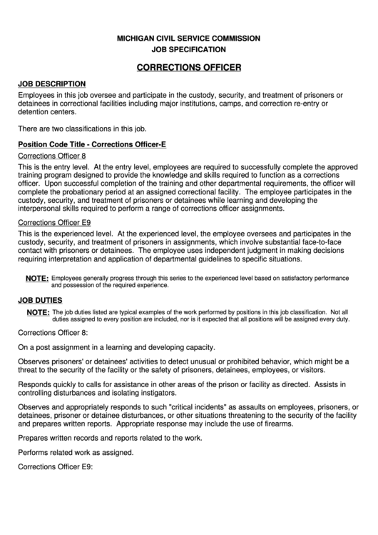 Corrections Officer Job Specification Printable pdf