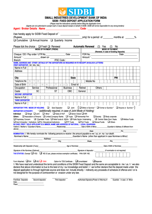 Sidbi Fixed Deposit Application Form Printable pdf