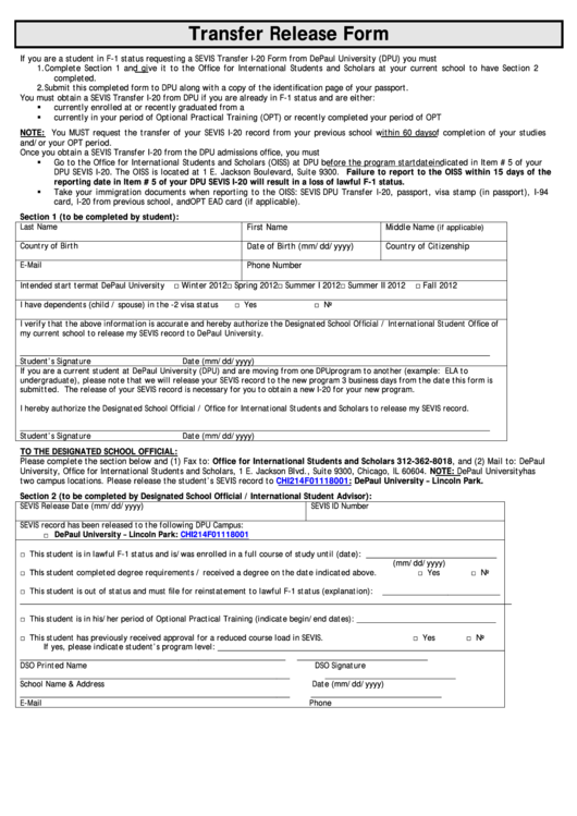 Transfer Release Form Printable pdf