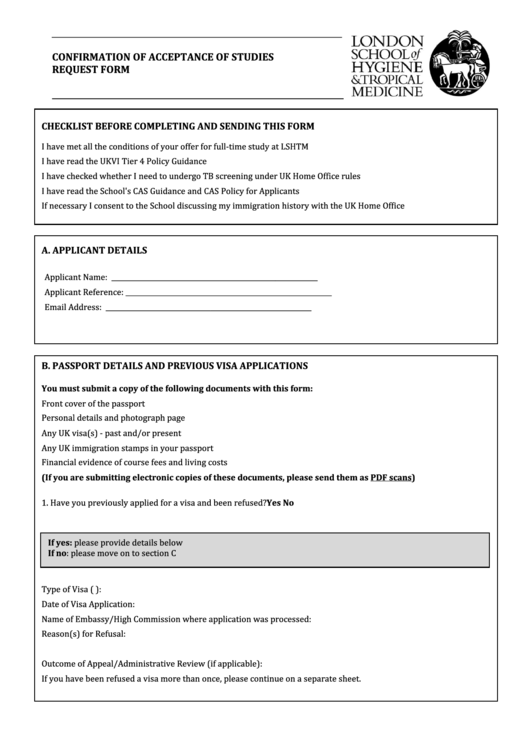 London School Of Hygiene And Tropical Medicine Confirmation Of Acceptance Of Studies Request Form Printable pdf