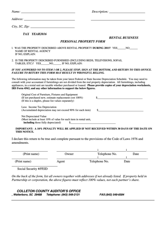 Rental Business Personal Property Form Printable pdf