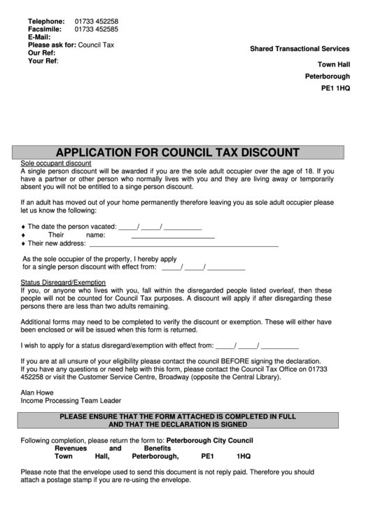 Application For Council Tax Discount - Peterborough City Council Printable pdf