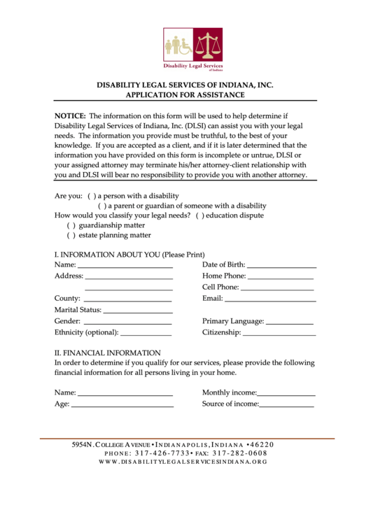 Disability Legal Services Of Indiana Application For Assistance Printable pdf