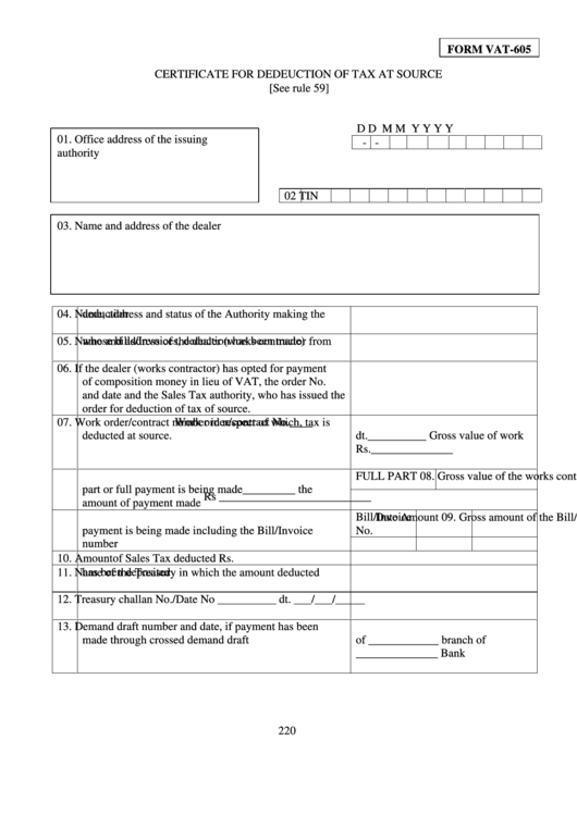 Form Vat-605 - Certificate For Deduction Of Tax At Source Printable pdf