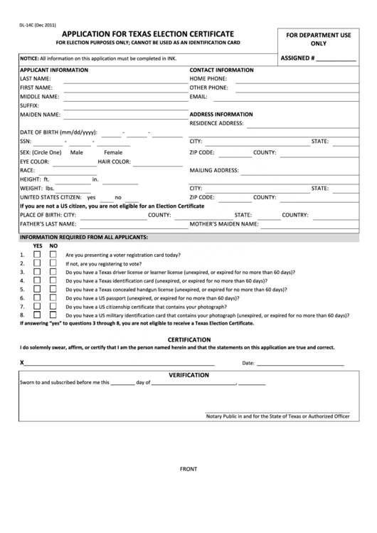 Fillable Form Dl-14c - 2011 Application For Texas Election Certificate Printable pdf