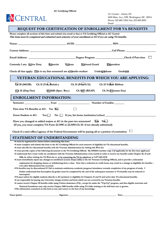 Request For Certification Of Enrollment For Va Benefits Form Printable pdf