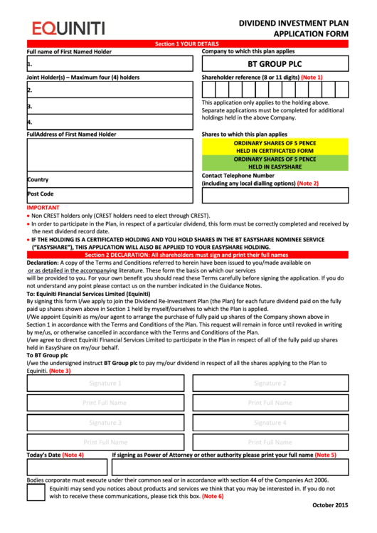 Equiniti Dividend Investment Plan Application Form - Bt Group Printable pdf