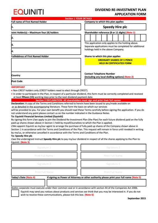 Equiniti Dividend Re-Investment Plan Application Form - Speedy Hire Printable pdf