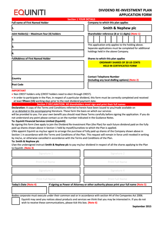 Equiniti Dividend Re-Investment Plan Application Form - Smith & Nephew Printable pdf