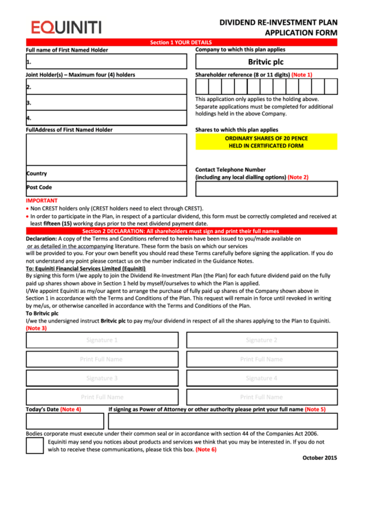 Equiniti Dividend Re-Investment Plan Application Form - Britvic Printable pdf