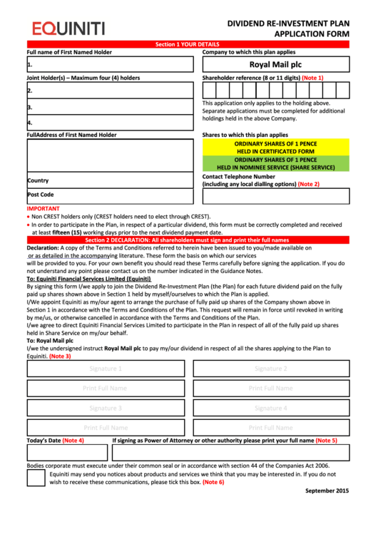Equiniti Dividend Re-Investment Plan Application Form - Royal Mail Printable pdf
