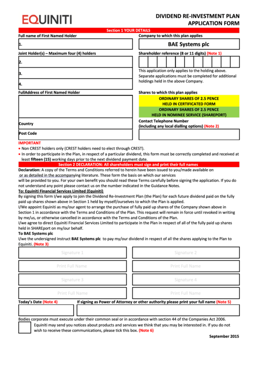 Equiniti Dividend Re-Investment Plan Application Form - Bae Systems Printable pdf