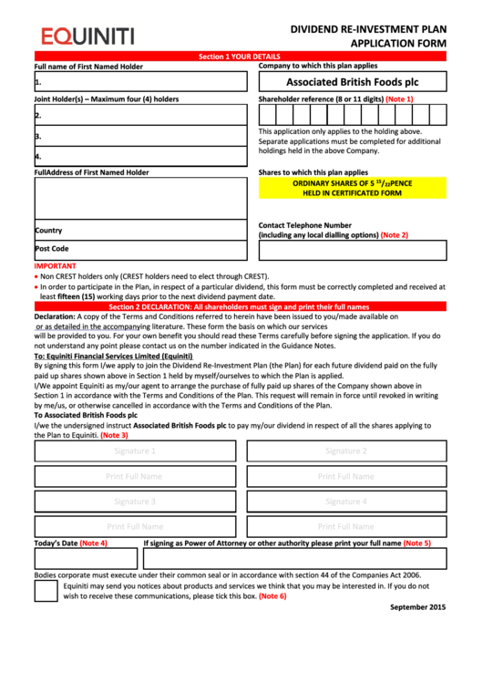 Equiniti Dividend Re-Investment Plan Application Form - Associated British Foods Printable pdf